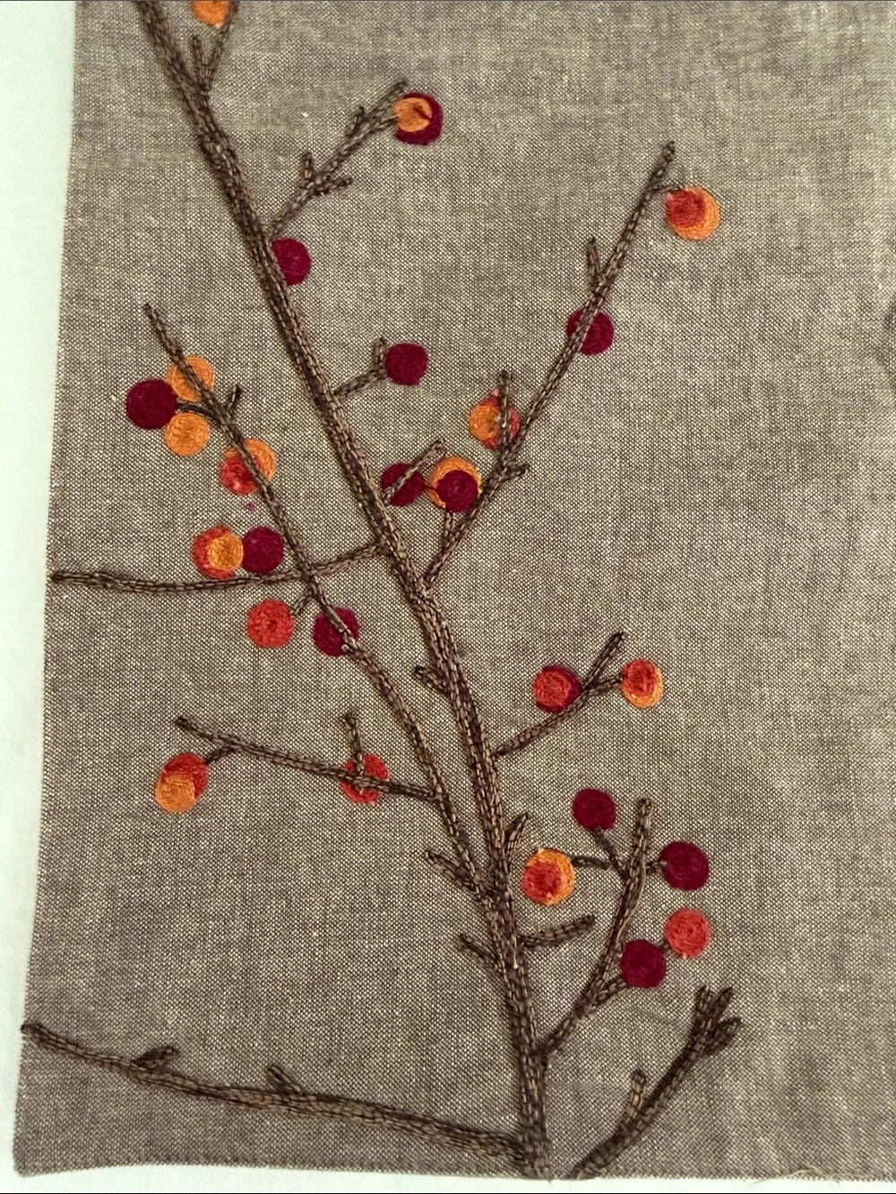 Crate&Barrel Embroidered Placemats with Shades of oranges and reds.